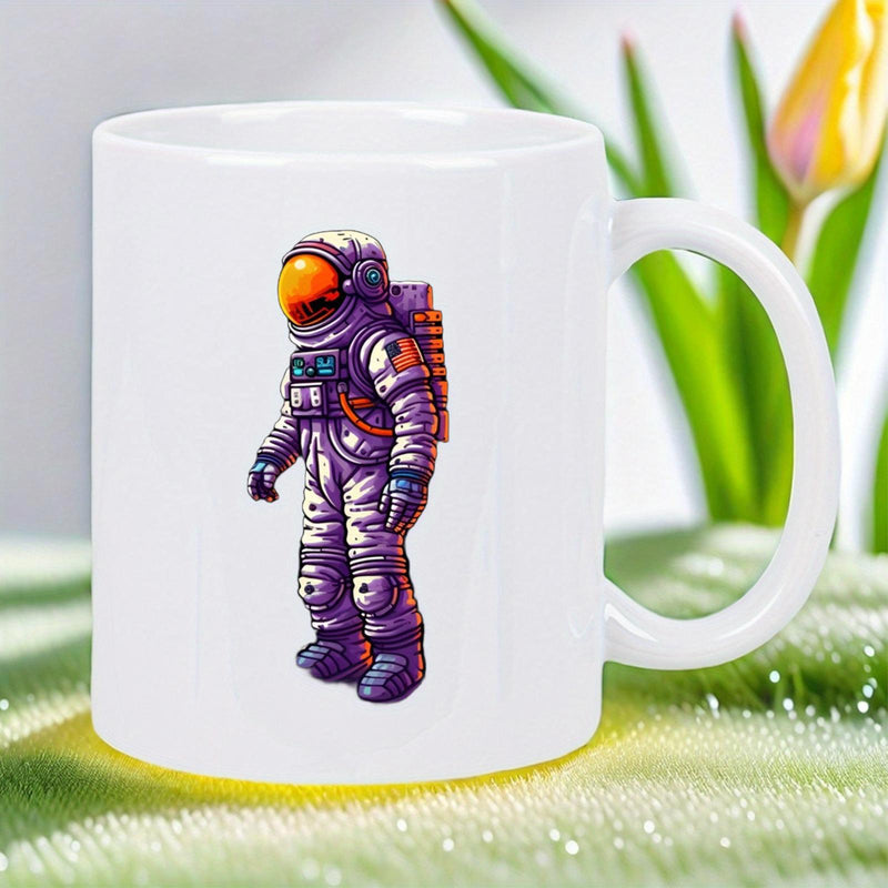 Tailorly White Ceramic 11 oz Mug - Purple Space Explorer Standing With Glowing Orange Visor In Deep Cosmos Astronaut