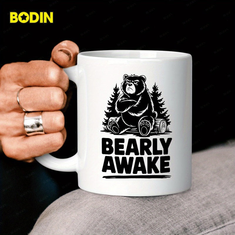 Tailorly White Ceramic 11 oz Mug - Bearly Awake Grumpy Wild Animal Sitting On A Log Among Pines Bear