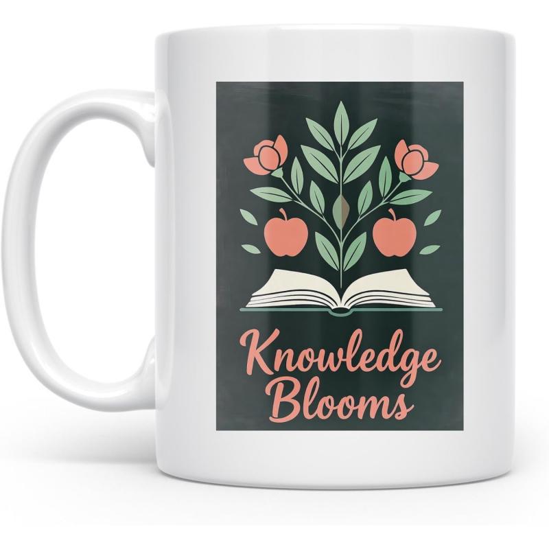 Tailorly White Ceramic 11 oz Mug - Knowledge Blooms Growing From An Open Book With Green Leaves And Pink Apples Tree
