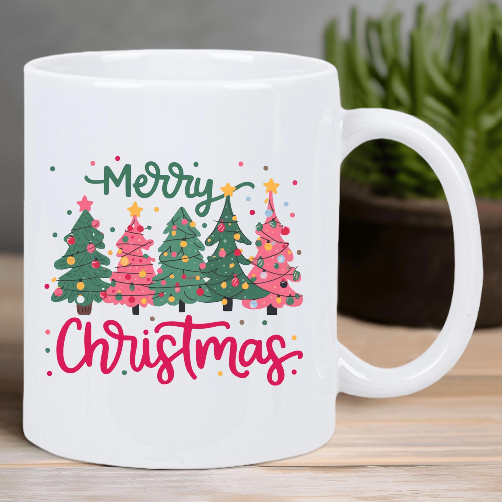 Tailorly White Ceramic 11 oz Mug - Merry Christmas Colorful Trees Featuring Golden Stars Among Festive Ornaments Tree