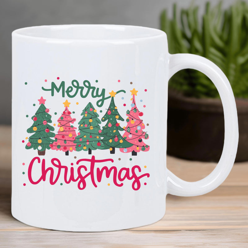 Tailorly White Ceramic 11 oz Mug - Merry Christmas Colorful Trees Featuring Golden Stars Among Festive Ornaments Tree