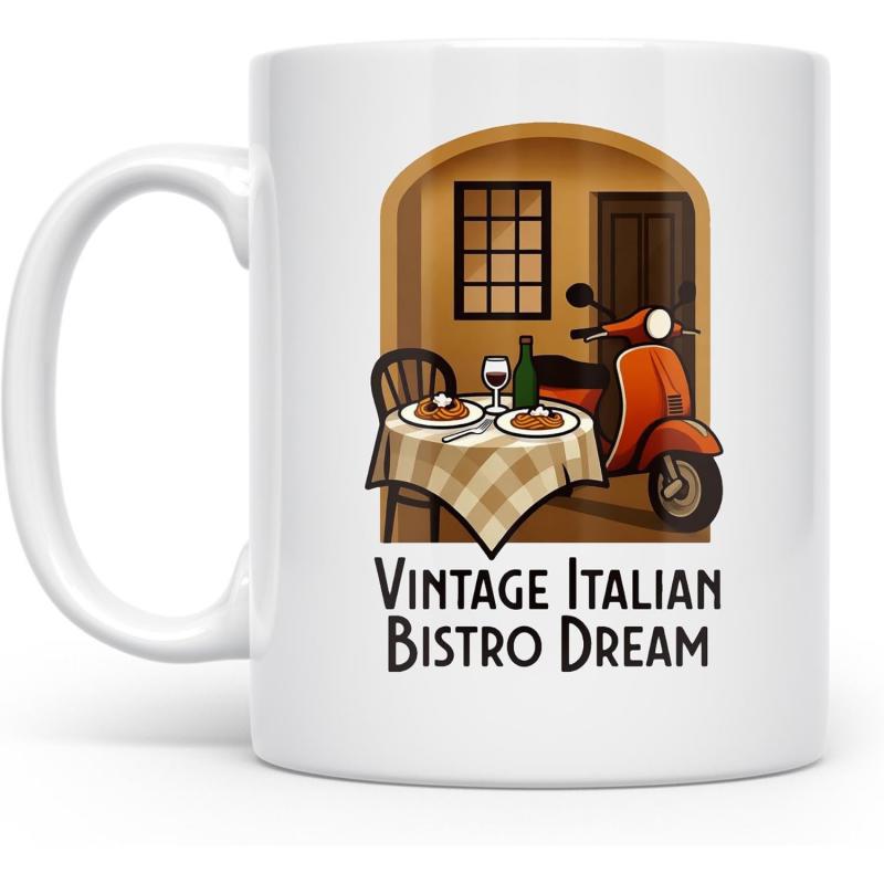 Tailorly White Ceramic 11 oz Mug - Vintage Italian Bistro Dream Classic Red Scooter Parked Near A Cozy Table Under Arched Doorway Bistro