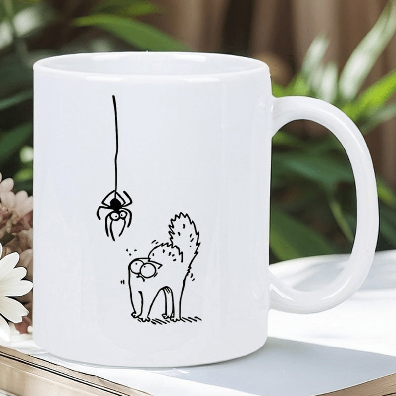 Tailorly White Ceramic 11 oz Mug - Minimalist Black Line Art Drawing Featuring A Fluffy Cat Watching A Hanging Spider Cat