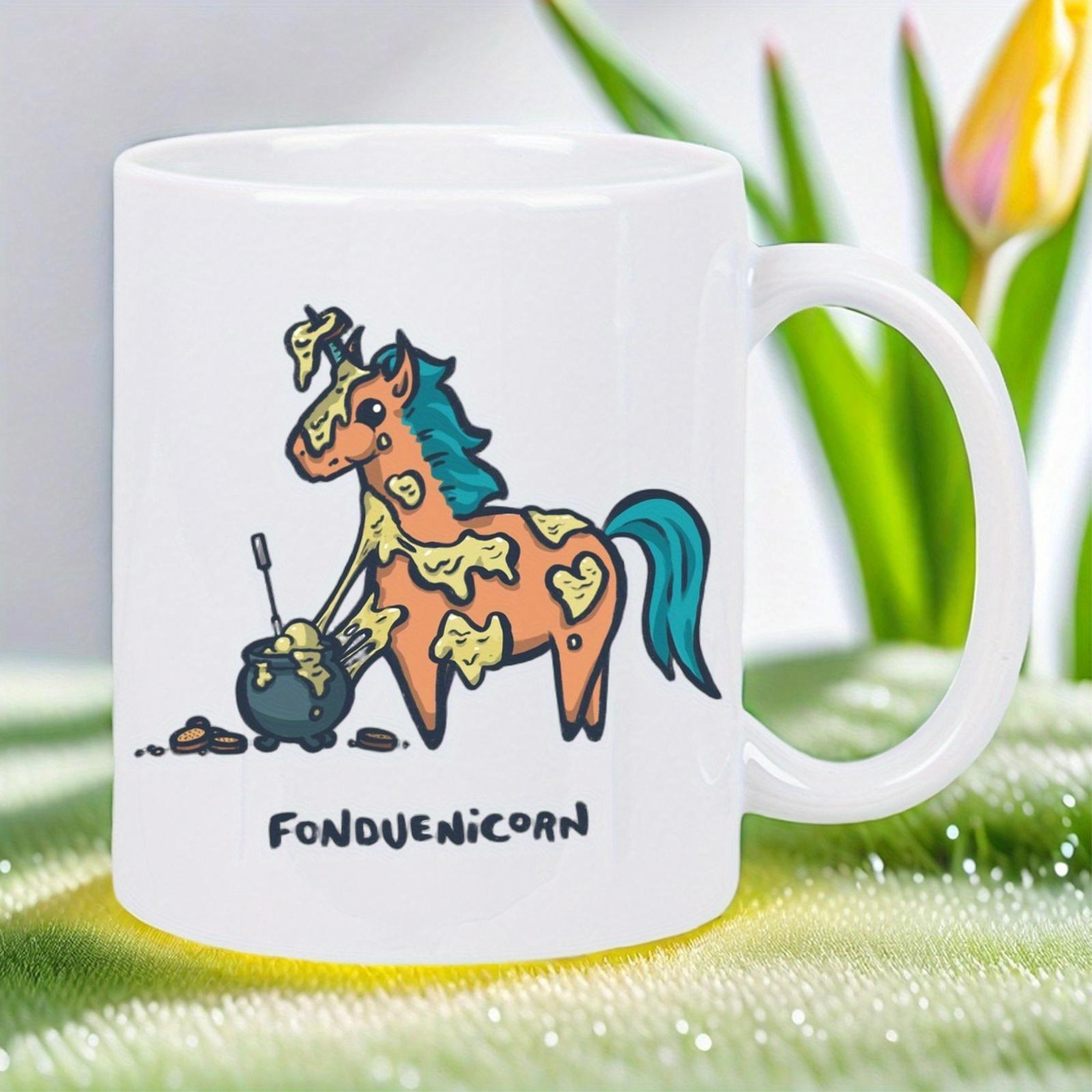 Tailorly White Ceramic 11 oz Mug - Fonduenicorn Playful Cartoon Horse Covered In Melted Cheese Next To Pot Unicorn