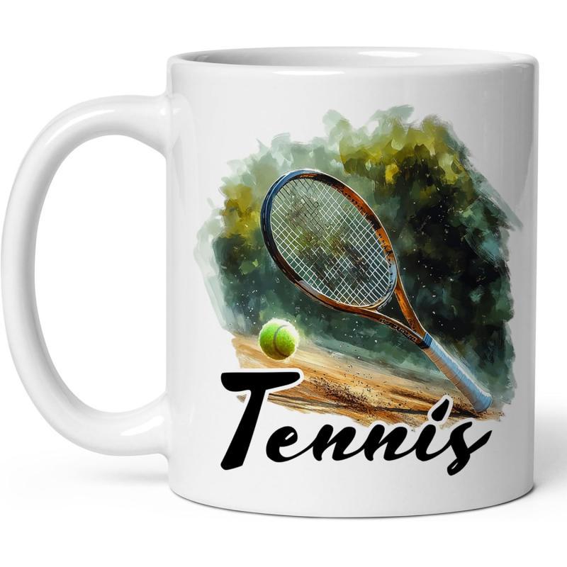 Tailorly White Ceramic 11 oz Mug - Tennis Artistic Watercolor Illustration Of A Ball Resting Near A Professional Racket