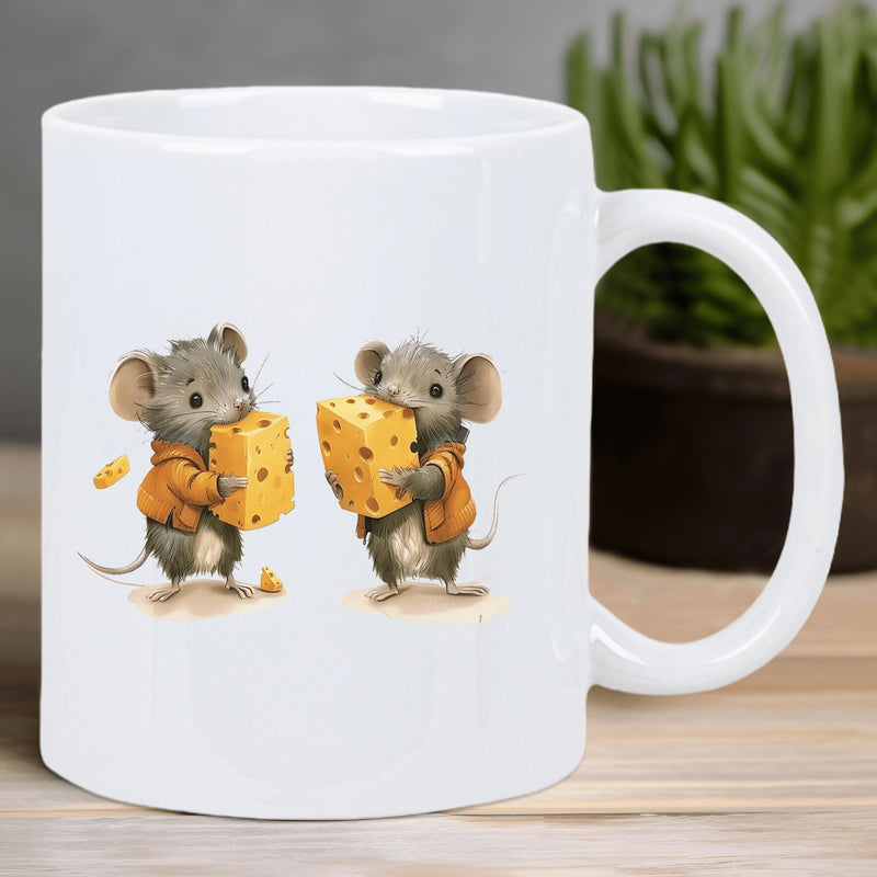 Tailorly White Ceramic 11 oz Mug - Two Adorable Cartoon Mice Wearing Orange Jackets Holding Large Blocks Of Swiss Cheese Mouse