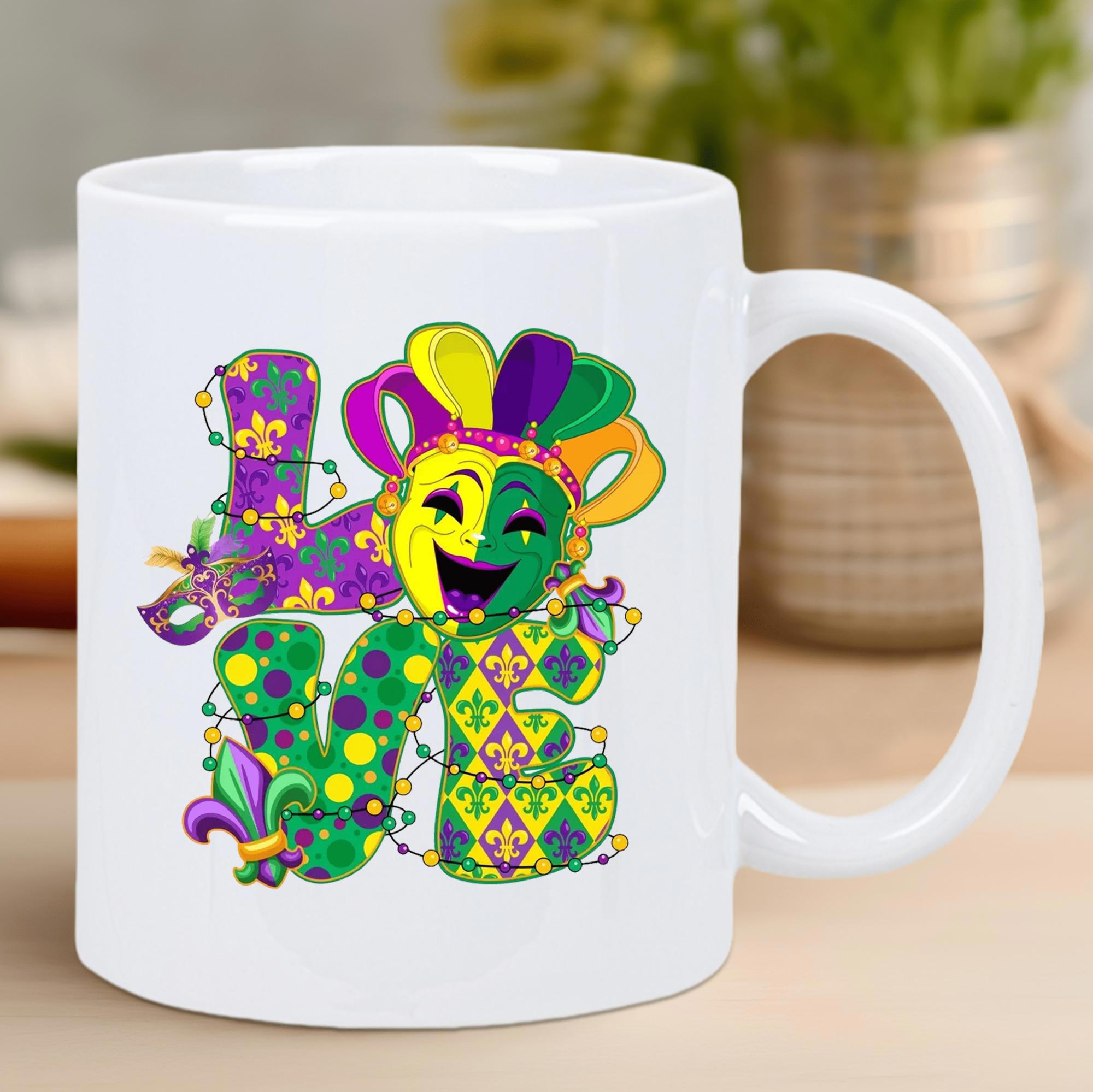 Tailorly White Ceramic 11 oz Mug - Love Vibrant Festive Mardi Gras Pattern With Colorful Jester Mask