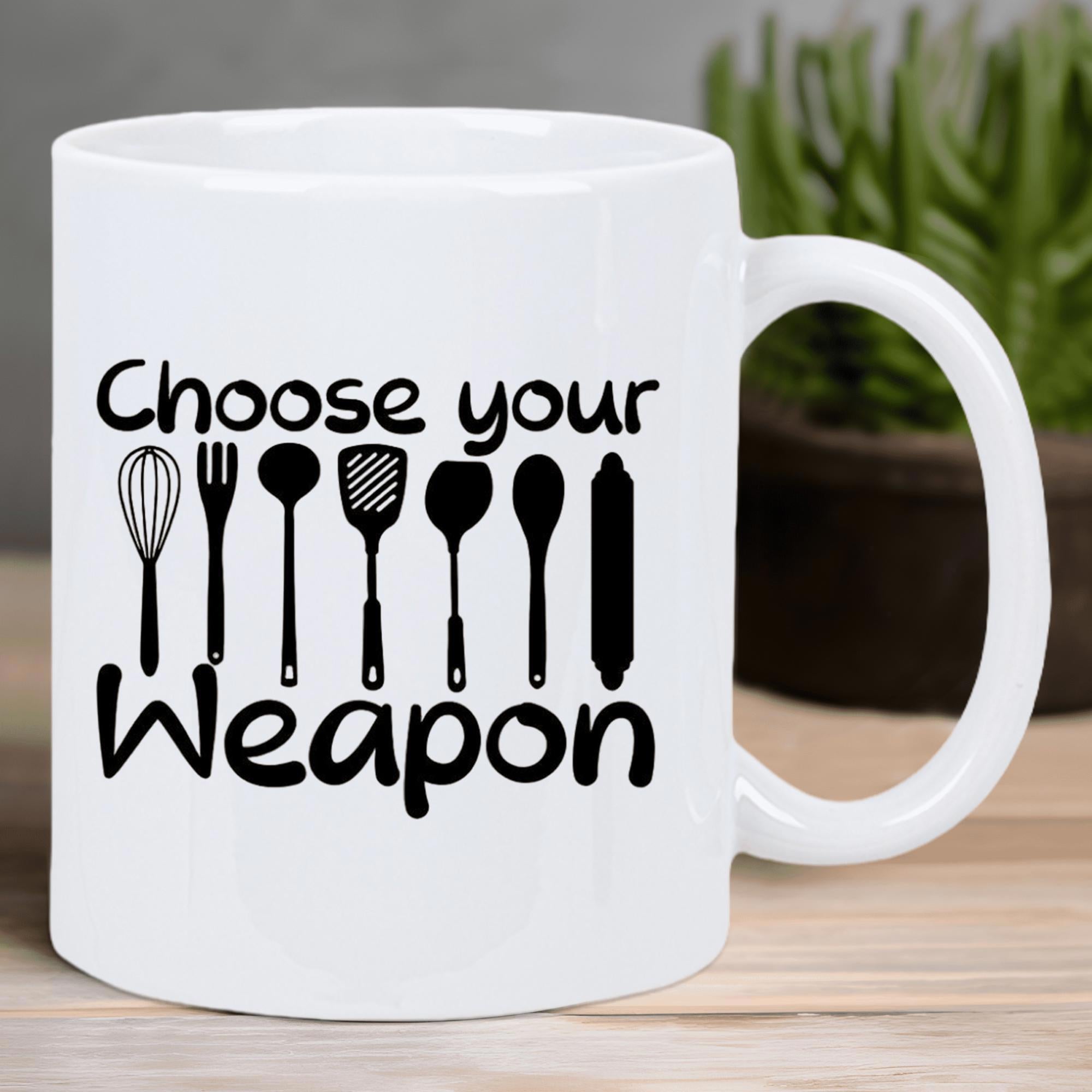 Tailorly White Ceramic 11 oz Mug - Choose Your Weapon Minimalist Black Kitchen Cooking Tools Silhouette Arranged In Horizontal Row Utensils