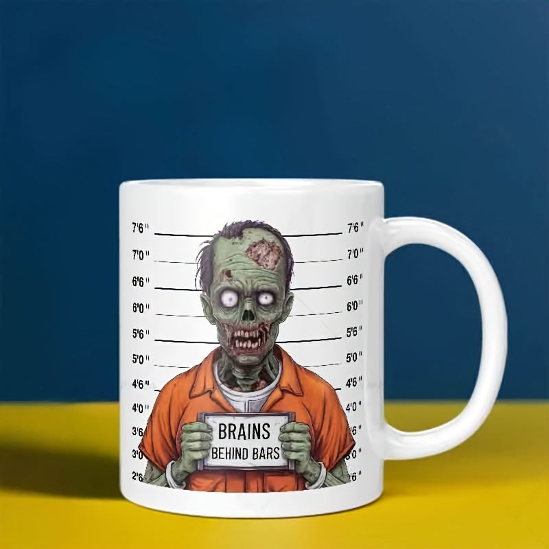 Tailorly White Ceramic 11 oz Mug - Brains Behind Bars Undead Inmate Wearing Orange Prison Jumpsuit Standing Before Height Measurement Chart Zombie