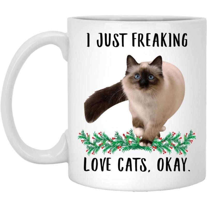 Tailorly White Ceramic 11 oz Mug - I Just Freaking Love Cats Okay Siamese Feline Walking Gracefully Above Green Festive Pine Garland With Berries Cat
