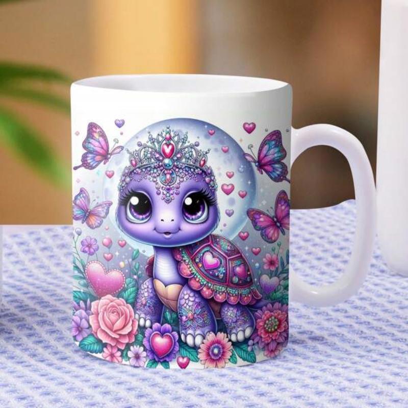 Tailorly White Ceramic 11 oz Mug - Adorable Purple Baby Turtle Wearing Tiara Among Butterflies And Floral Hearts Turtle