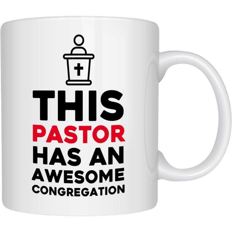 Tailorly White Ceramic 11 oz Mug - This Pastor Has An Awesome Congregation Minimalist Black Line Icon Featuring A Person Behind A Religious Pulpit