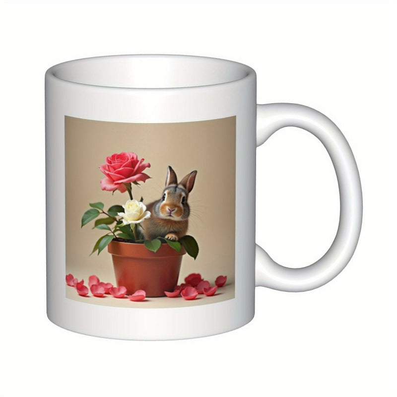 Tailorly White Ceramic 11 oz Mug - Adorable Brown Bunny Sitting Inside Flower Pot With Blooming Roses Among Petals Rabbit
