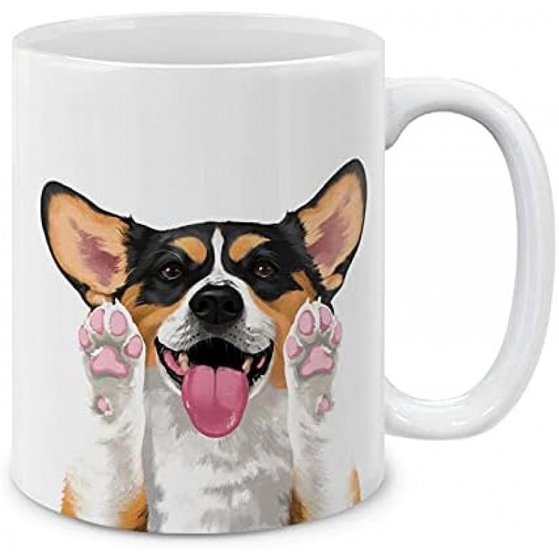 Tailorly White Ceramic 11 oz Mug - Happy Tri Color Corgi Smiling With Paws Raised Against White Background Corgi