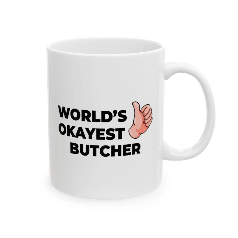 Tailorly White Ceramic 11 oz Mug - World's Okayest Butcher Simple Cartoon Hand Illustration Giving A Cheerful Thumbs Up Gesture Hand