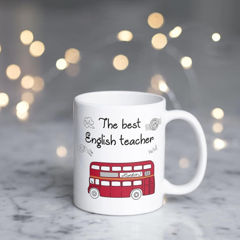 Tailorly White Ceramic 11 oz Mug - The Best English Teacher Classic Red Double Decker Bus Surrounded By Simple Illustrative Clouds Bus