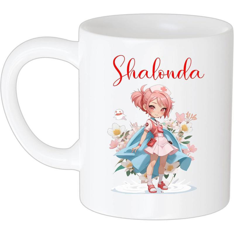 Tailorly White Ceramic 11 oz Mug - Shalonda Adorable Chibi Girl With Pink Hair And Blue Cape Nurse