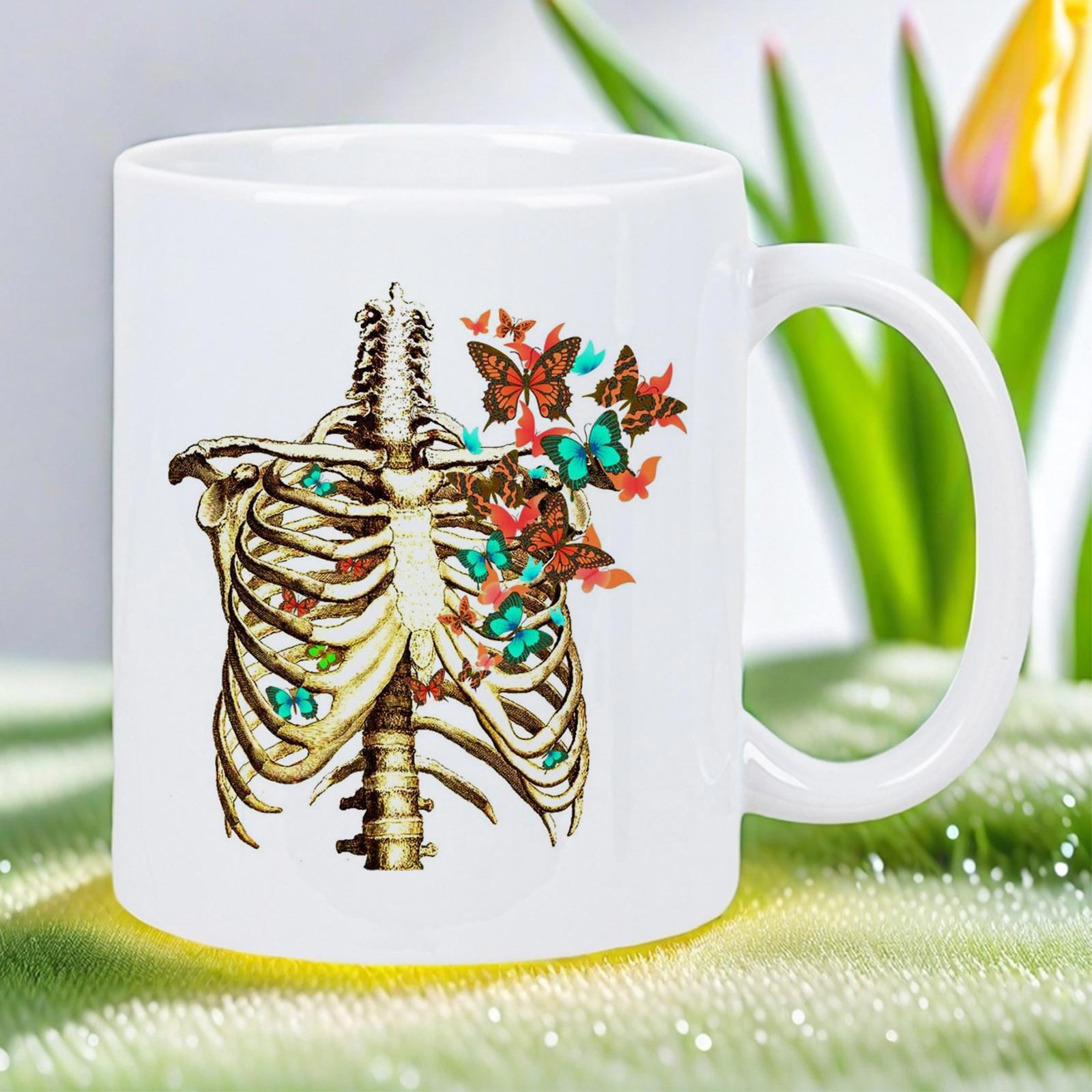 Tailorly White Ceramic 11 oz Mug - Vintage Anatomical Human Ribcage With Vibrant Colorful Butterflies Flying From Within Skeleton