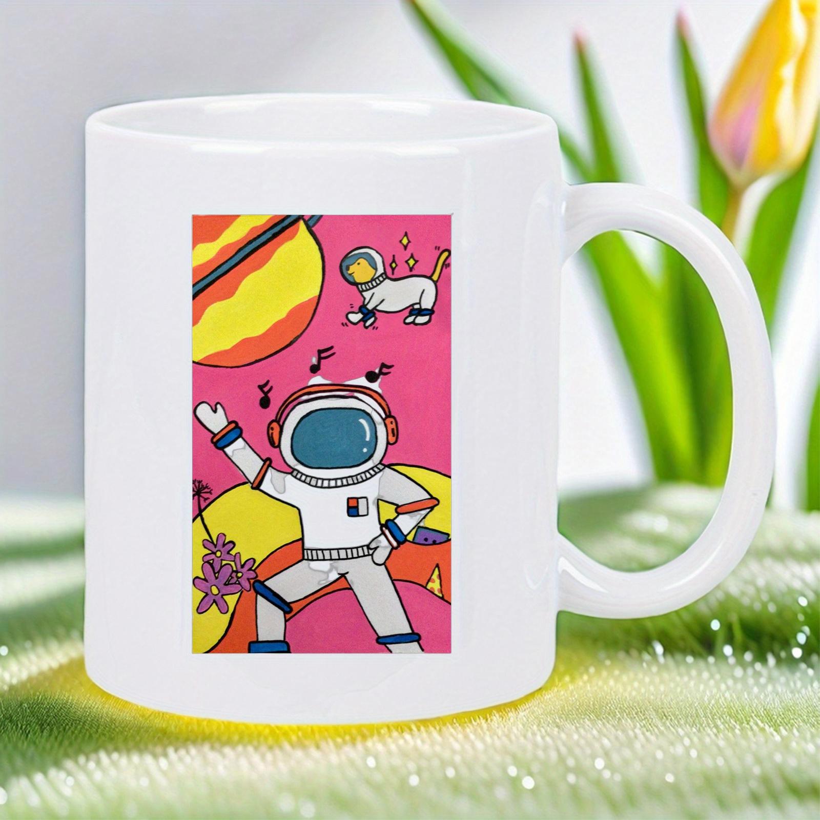 Tailorly White Ceramic 11 oz Mug - Whimsical Cartoon Space Explorer Standing On Distant Colorful Planet With Loyal Pet Astronaut