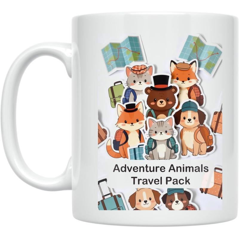 Tailorly White Ceramic 11 oz Mug - Adventure Animals Travel Pack Cute Cartoon Forest Animals Carrying Tiny Backpacks And Travel Gear Among Maps Animals