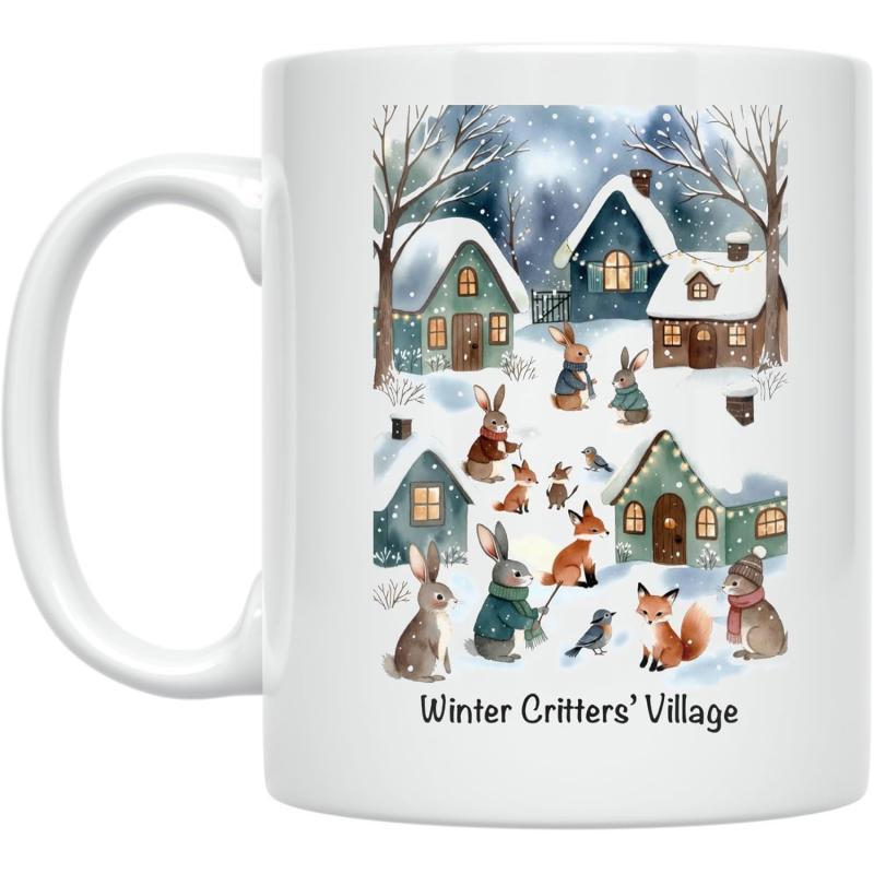 Tailorly White Ceramic 11 oz Mug - Winter Critters Village Cozy Snowy Houses Among Forest Animals Under A Winter Sky Village