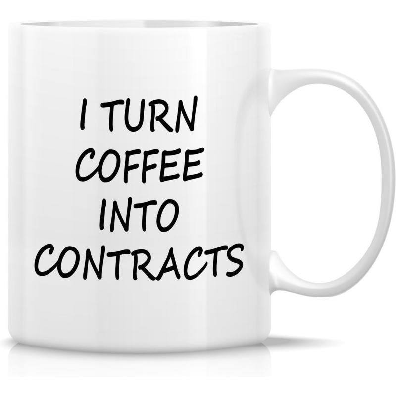Tailorly White Ceramic 11 oz Mug - I Turn Coffee Into Contracts Minimalist Black Lettering Printed On A Simple Polished