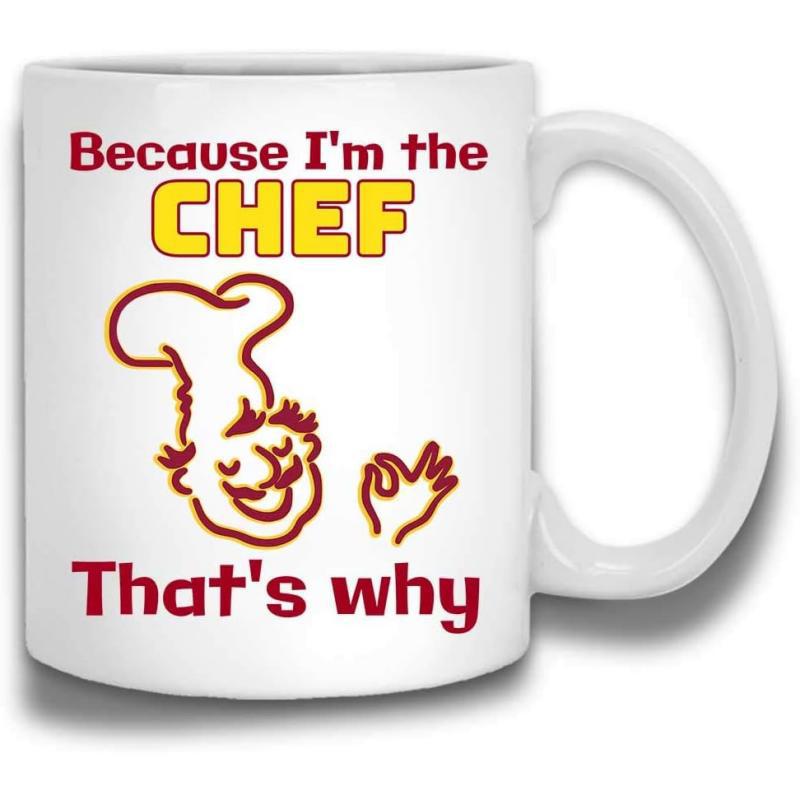Tailorly White Ceramic 11 oz Mug - Because I'm The Chef That's Why Cartoon Cook With Mustache Wearing Tall White Hat Making Gesture Chef