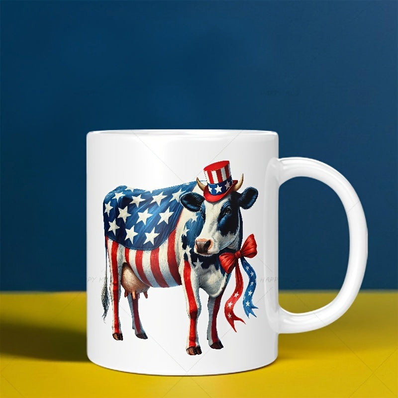 Tailorly White Ceramic 11 oz Mug - Patriotic Farm Animal Draped In American Flag Stars And Stripes Patterns Cow