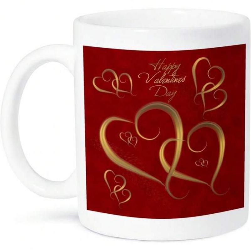 Tailorly White Ceramic 11 oz Mug - Happy Valentine Day Golden Intertwined Hearts Glistening Over Deep Red Textured Background Heart