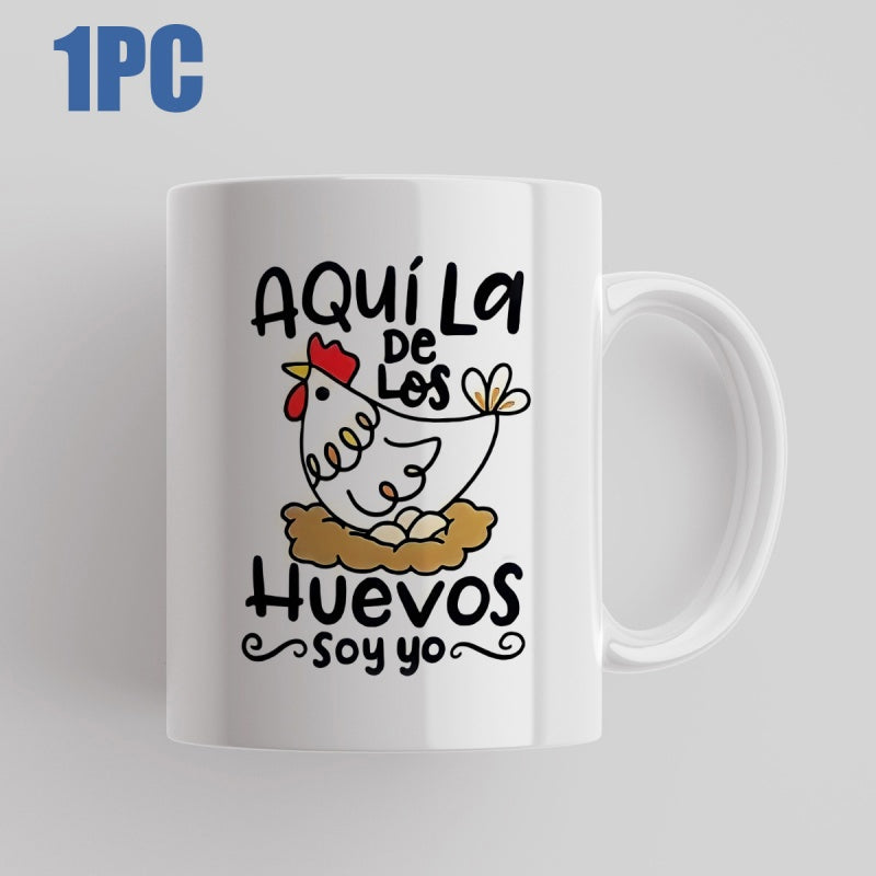 Tailorly White Ceramic 11 oz Mug - Whimsical Hand Drawn Illustration Of A Hen Nestling On Straw Chicken