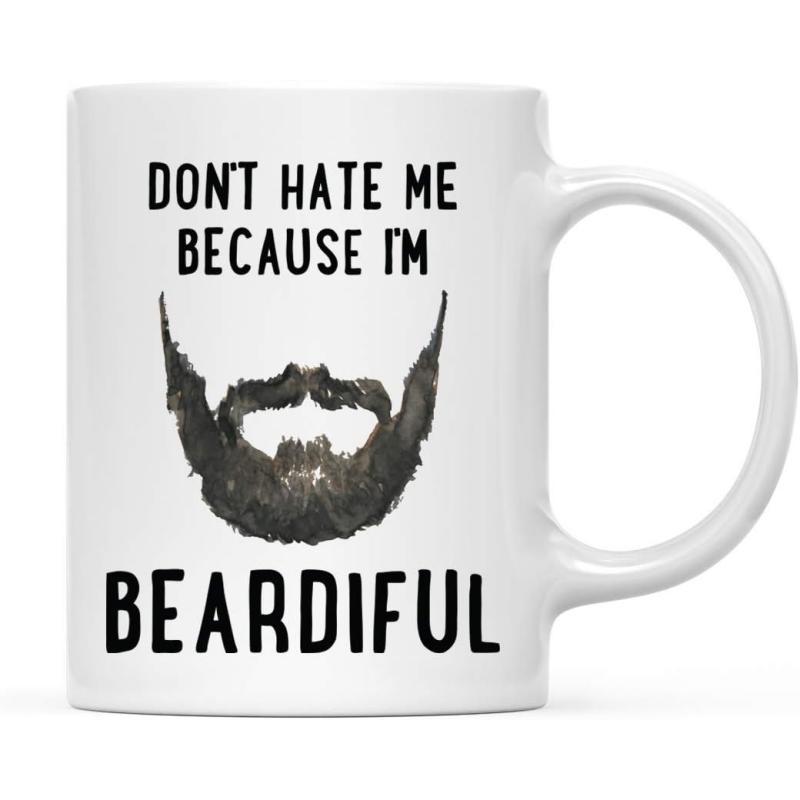 Tailorly White Ceramic 11 oz Mug - Don't Hate Me Because I'm Beardiful Hand Drawn Style Black Ink Splash Art Representing Masculine Grooming Beard