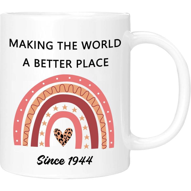 Tailorly White Ceramic 11 oz Mug - Making The World A Better Place Since 1944 Earthy Toned Layered Rainbow With Tiny Stars And Leopard Print Heart Mug