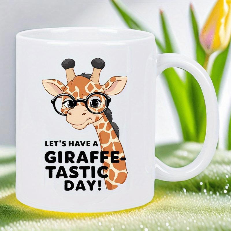 Tailorly White Ceramic 11 oz Mug - Let's Have A Giraffe Tastic Day Adorable Spotted Animal Wearing Trendy Black Glasses Smiling Under Soft Light Giraffe