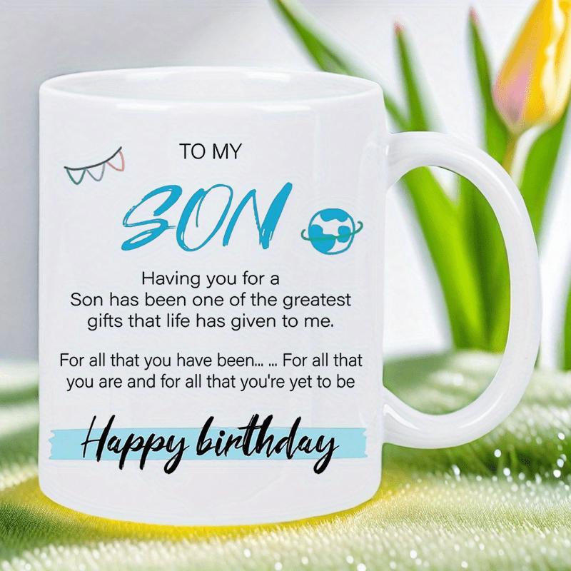 Tailorly White Ceramic 11 oz Mug - To My Son Happy Birthday Sentimental Blue Brush Strokes With Minimalist Globe Icon Decoration Mug
