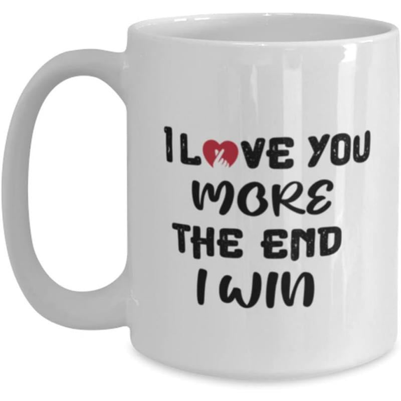 Tailorly White Ceramic 11 oz Mug - I Love You More The End I Win Minimalist White Ceramic Vessel With Red Heart Icon And Sentimental Message Mug