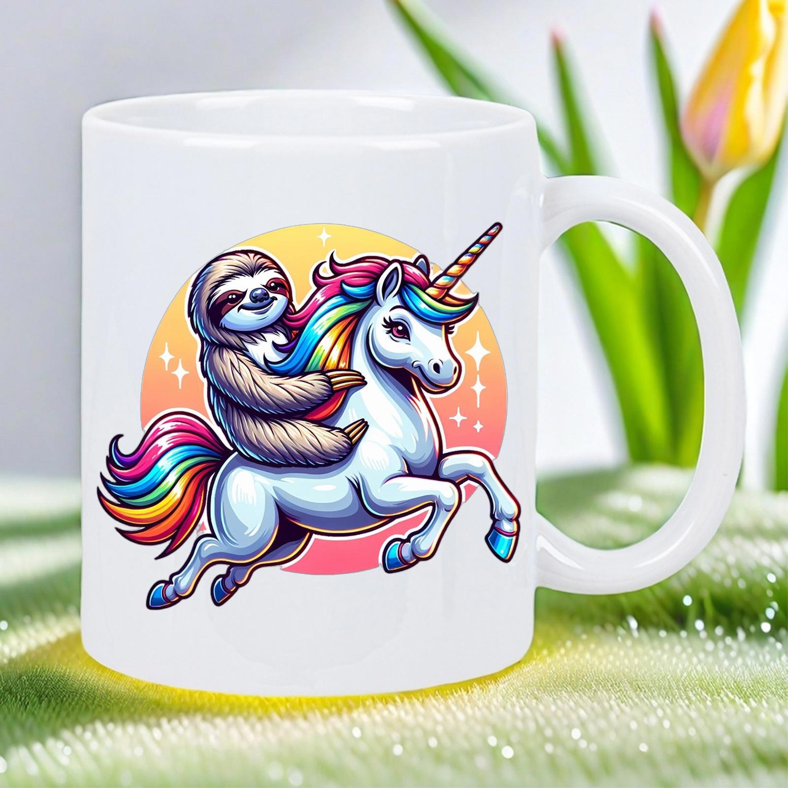 Tailorly White Ceramic 11 oz Mug - Whimsical Cartoon Sloth Riding A Magical Rainbow Colored Creature Under Glowing Sun Unicorn