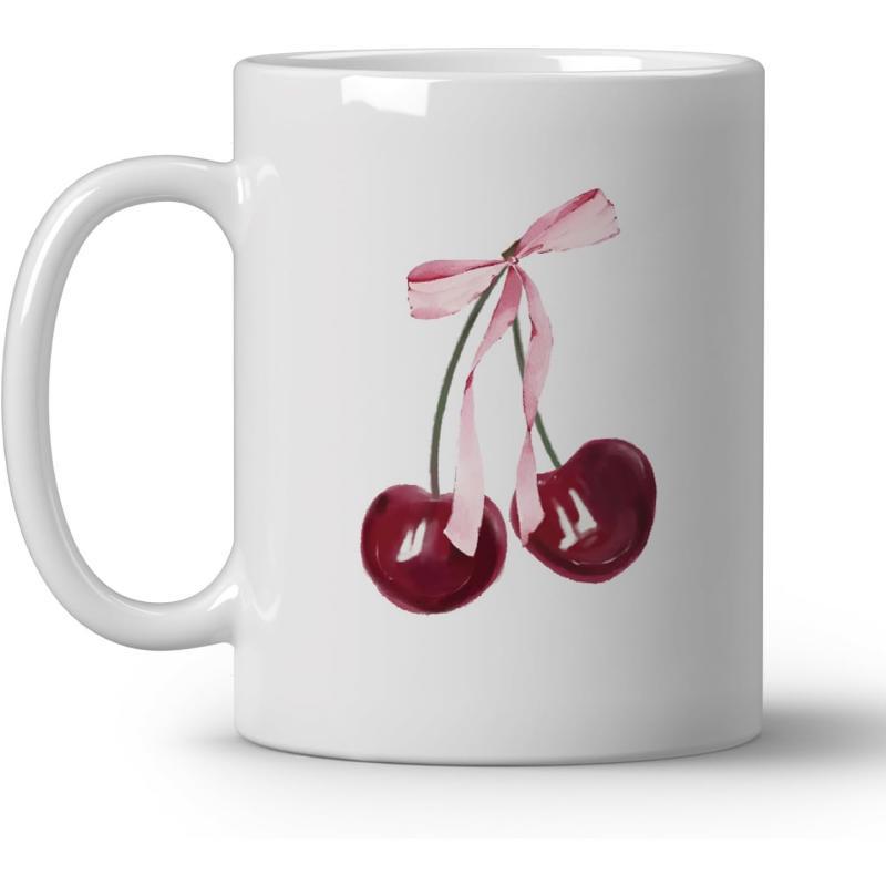 Tailorly White Ceramic 11 oz Mug - Vibrant Watercolor Style Ripe Fruit Adorned With Elegant Pink Satin Bow Cherry