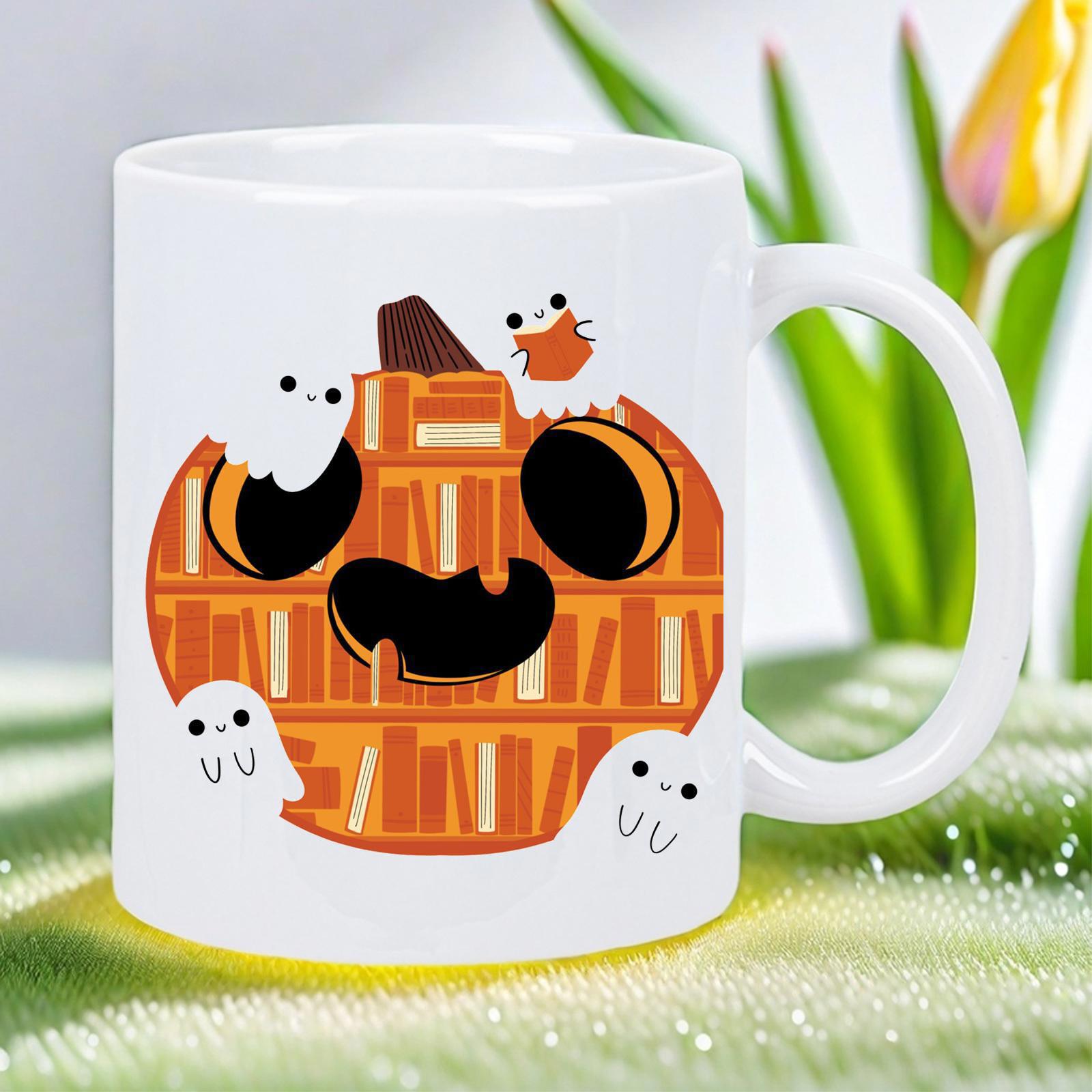 Tailorly White Ceramic 11 oz Mug - Festive Orange Bookshelf Filled With Tiny Cute Floating White Ghosts Pumpkin