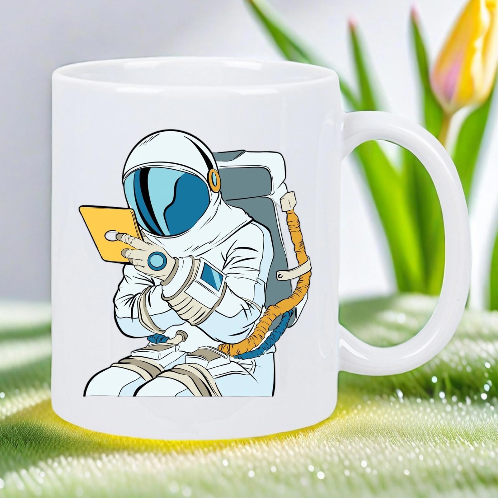 Tailorly White Ceramic 11 oz Mug - Cartoon Stylized Space Explorer Holding A Glowing Digital Tablet Device Astronaut