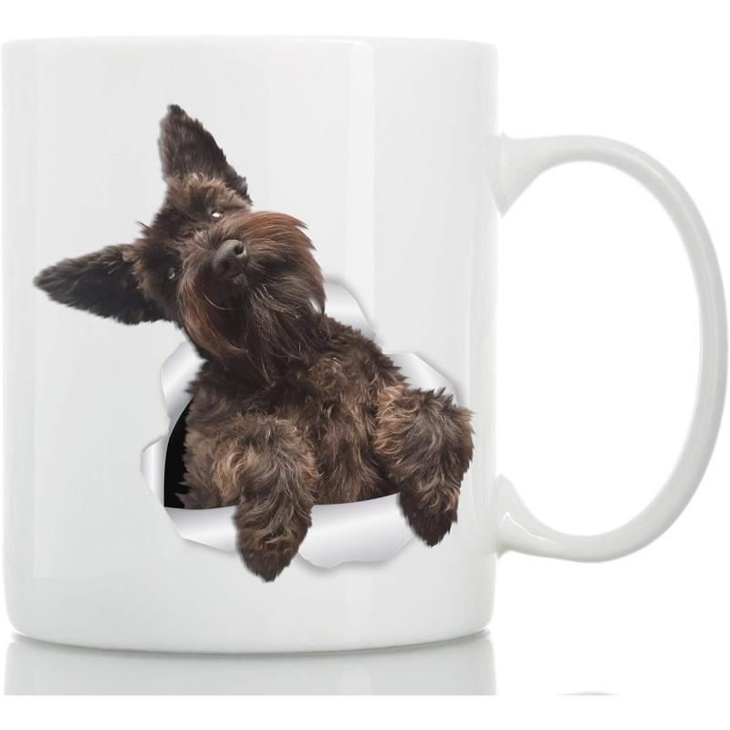 Tailorly White Ceramic 11 oz Mug - Playful Small Black Terrier Peeking Through Realistic Torn Paper Opening Dog