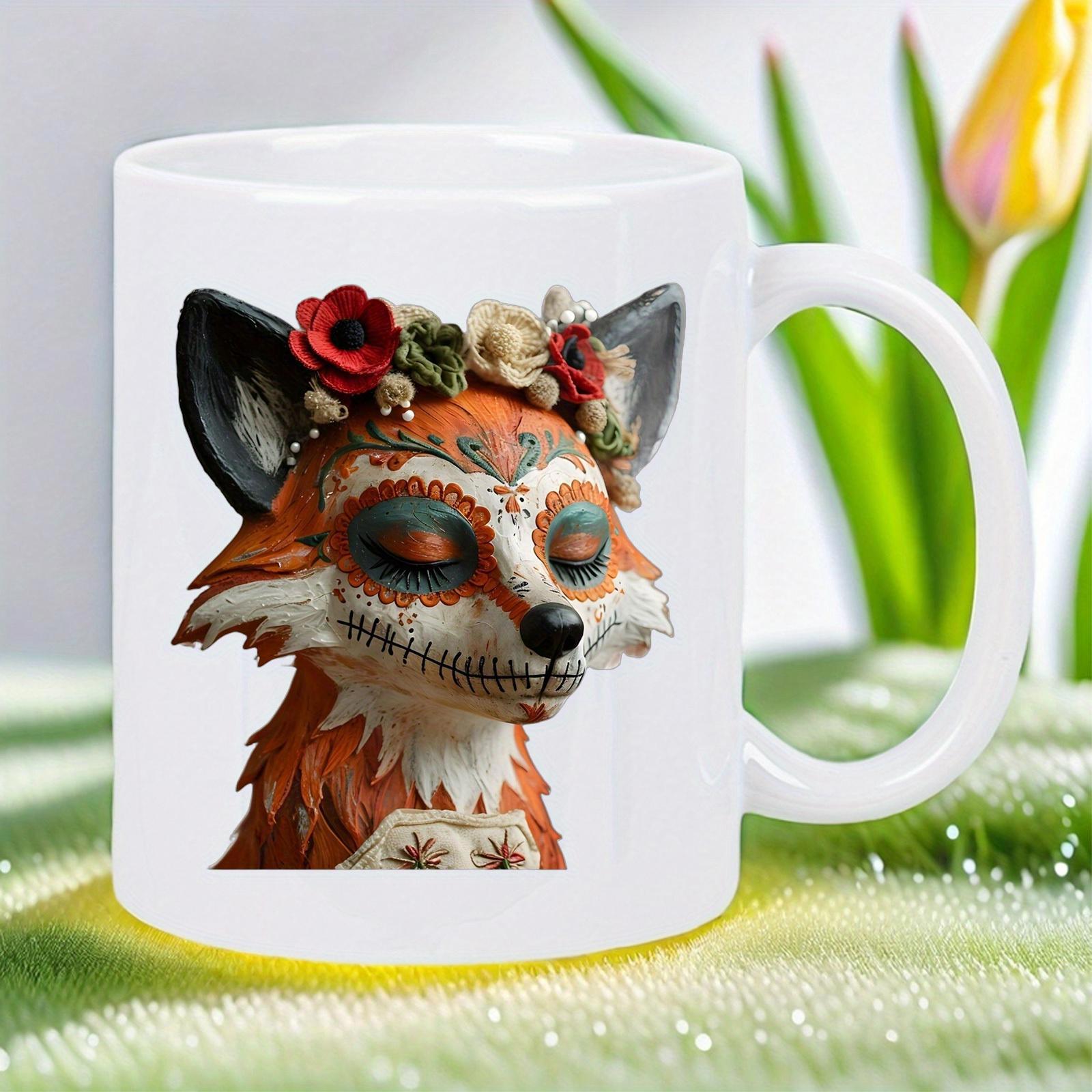Tailorly White Ceramic 11 oz Mug - Ornate Sugar Skull Pattern With Vibrant Floral Crown And Red Fox