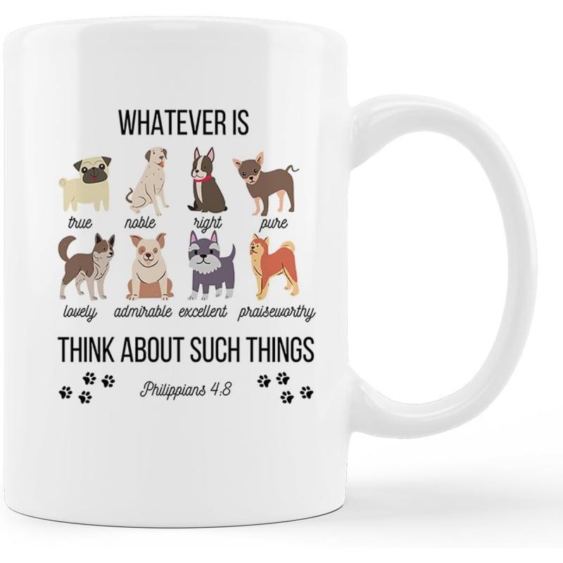 Tailorly White Ceramic 11 oz Mug - Whatever Is Think About Such Things Philippians 4:8 Playful Illustrations Of Diverse Breeds Within A Grid Layout Dog
