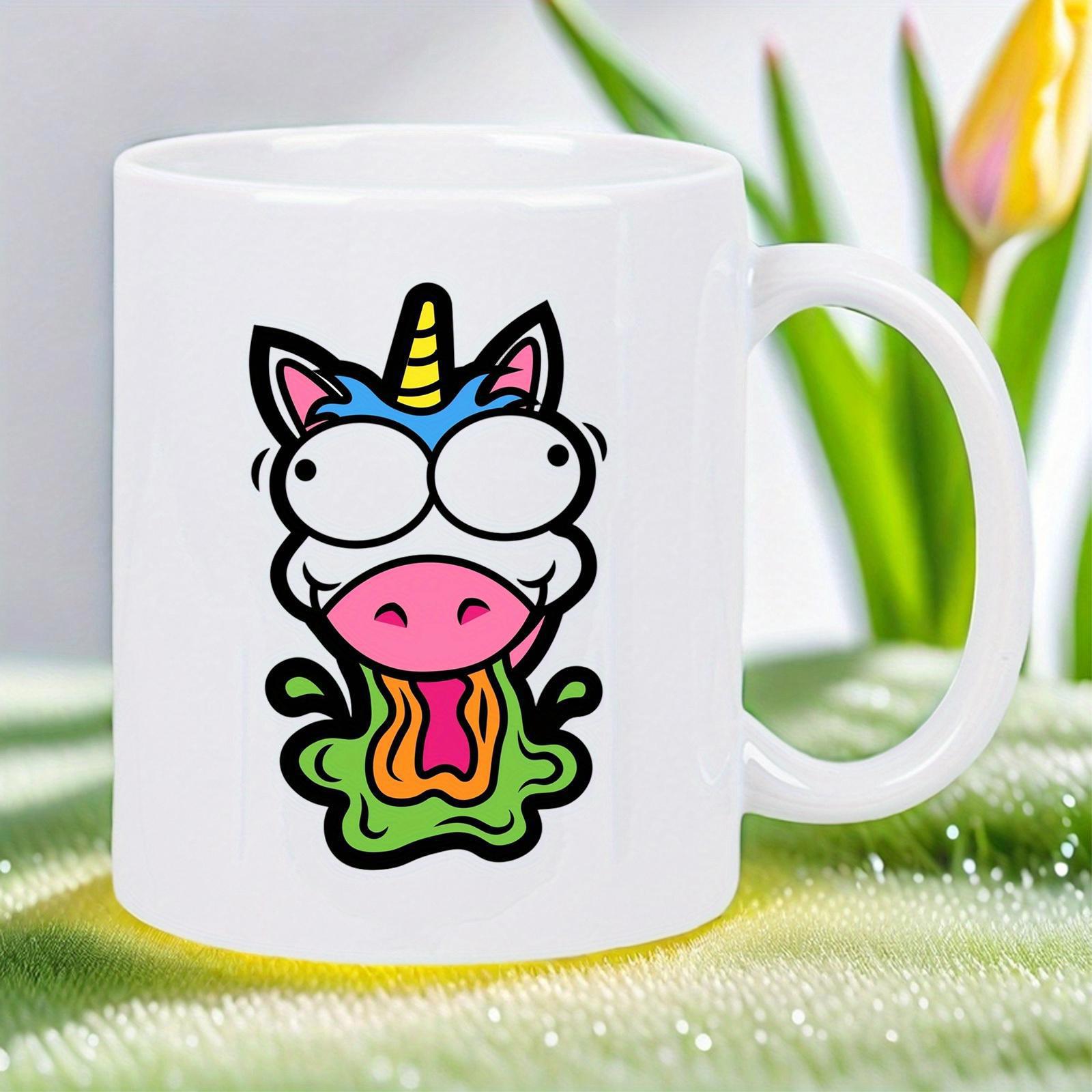 Tailorly White Ceramic 11 oz Mug - Wacky Crazy Cartoon Character With Large Bulging Eyes And Green Slime Unicorn