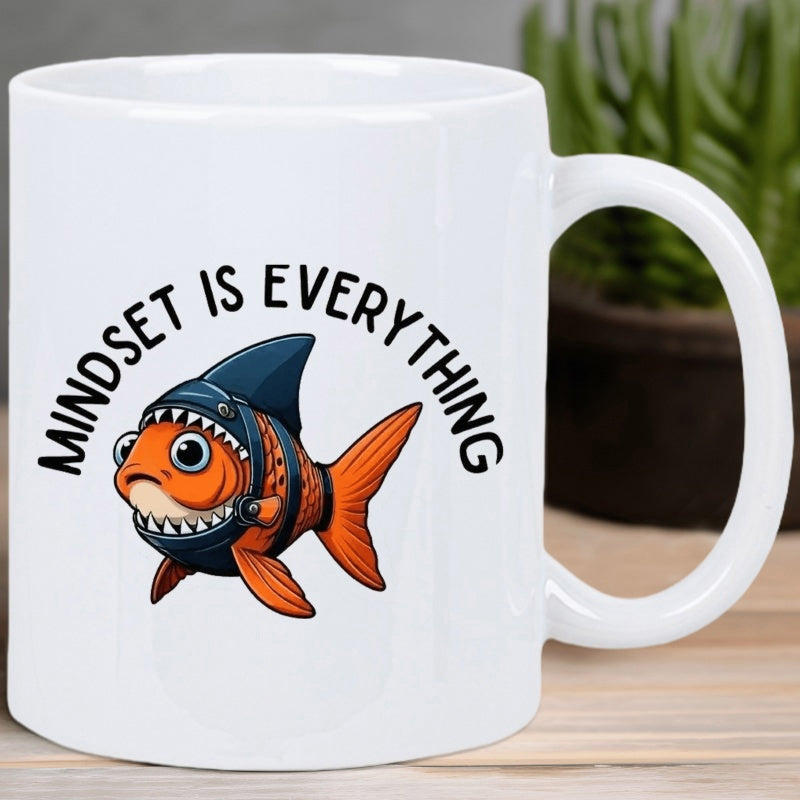Tailorly White Ceramic 11 oz Mug - Mindset Is Everything Small Orange Goldfish Wearing Dark Shark Fin Costume Swimming Courageously Forward Goldfish
