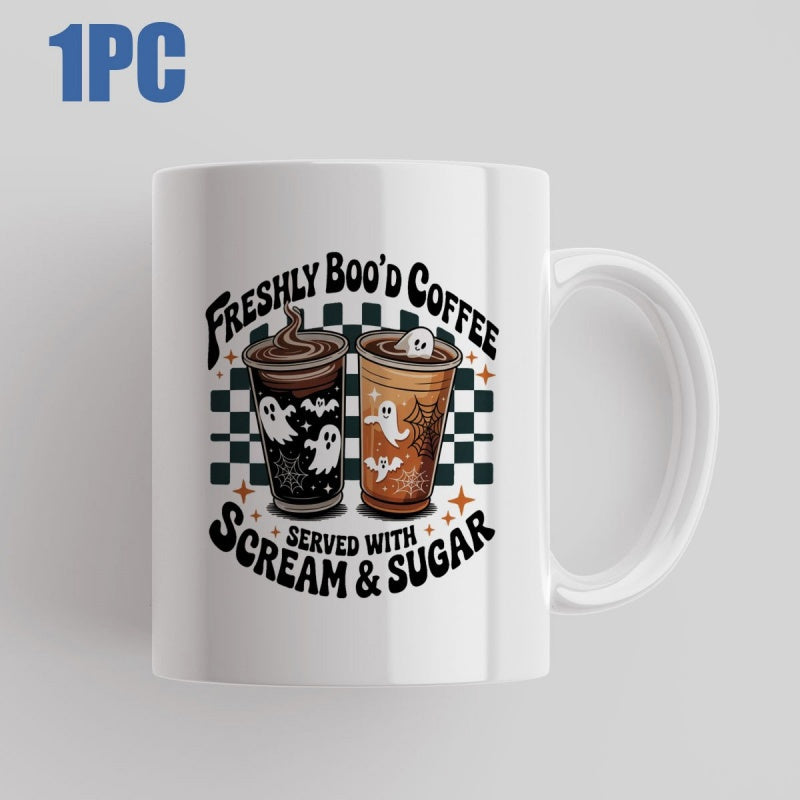 Tailorly White Ceramic 11 oz Mug - Freshly Boo D Coffee Served With Scream Sugar Two Spooky Halloween Frappuccino Cups With Floating Cute Ghosts Mug