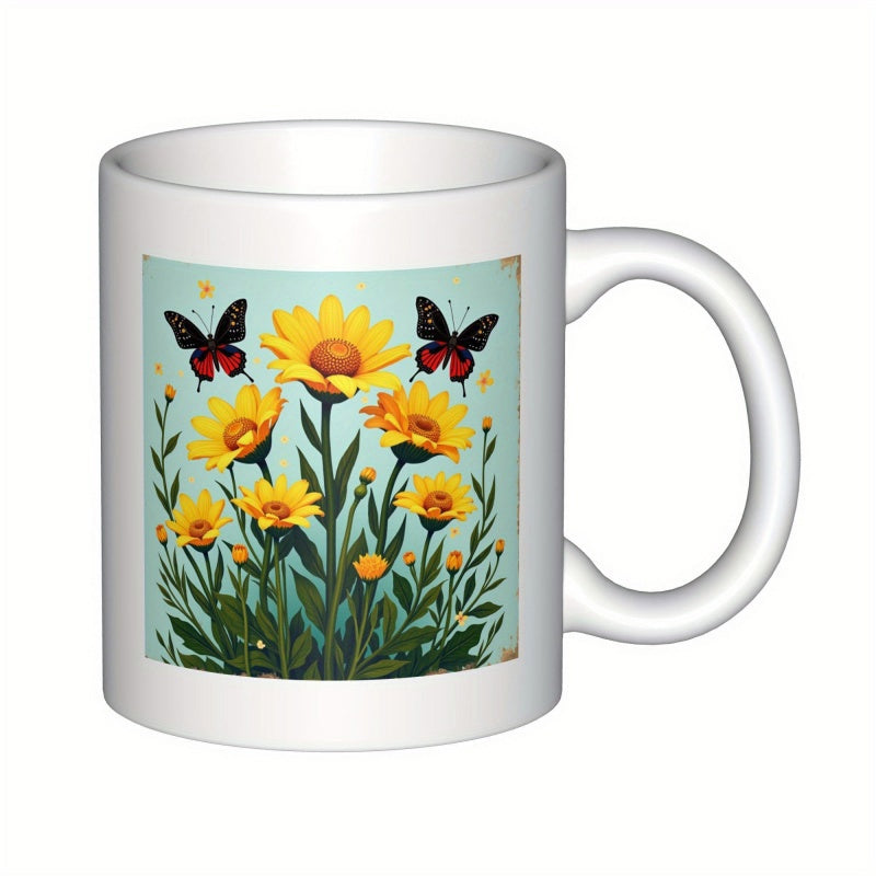 Tailorly White Ceramic 11 oz Mug - Blooming Yellow Sunflowers With Black Butterflies Hovering Over Vibrant Green Leaves Flower