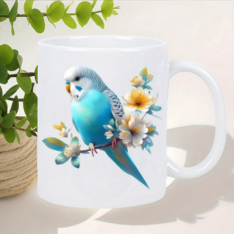 Tailorly White Ceramic 11 oz Mug - Vibrant Blue And White Parakeet Perched On Flower Branch Budgie