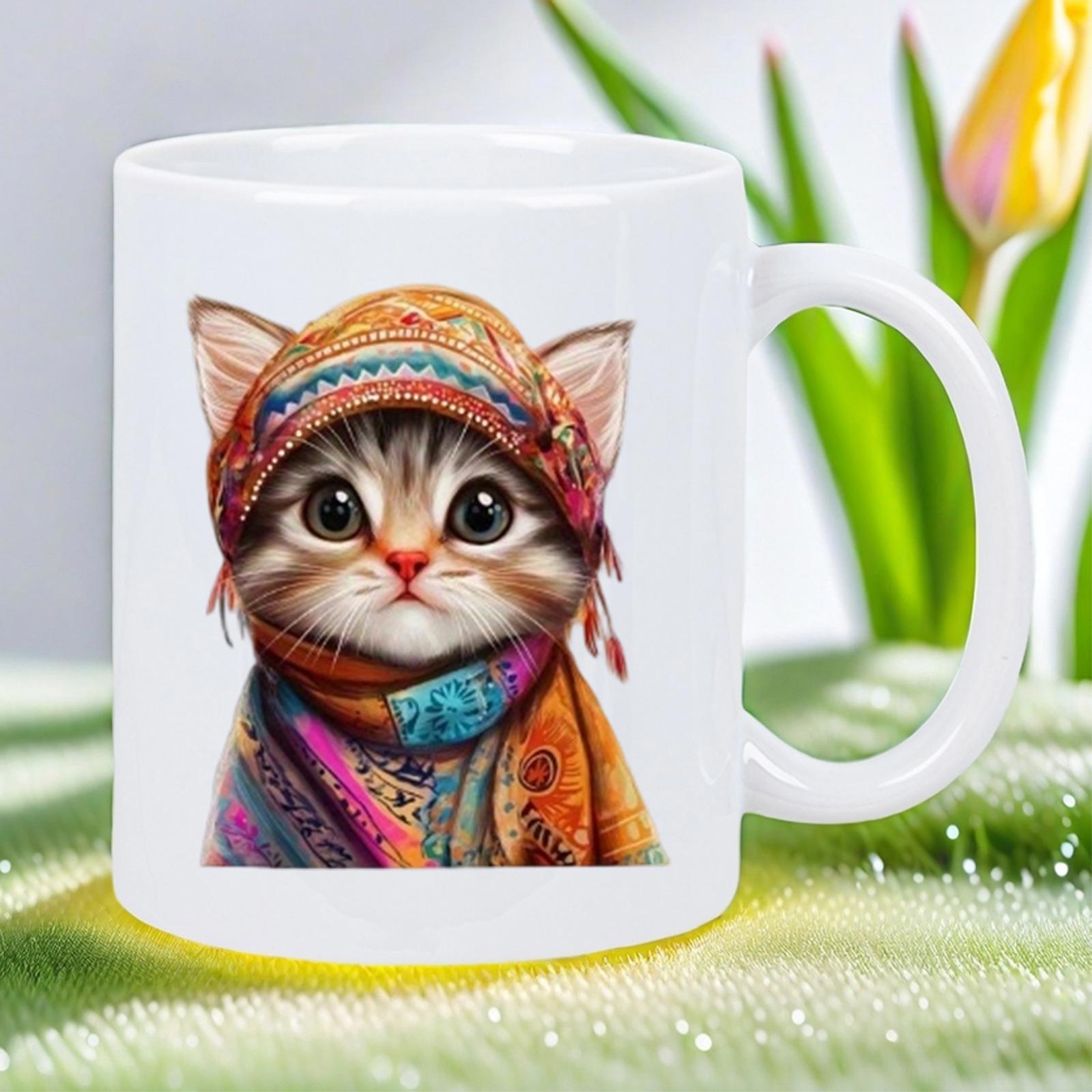 Tailorly White Ceramic 11 oz Mug - Adorable Fluffy Wearing Colorful Bohemian Patterned Hat And Scarf Kitten
