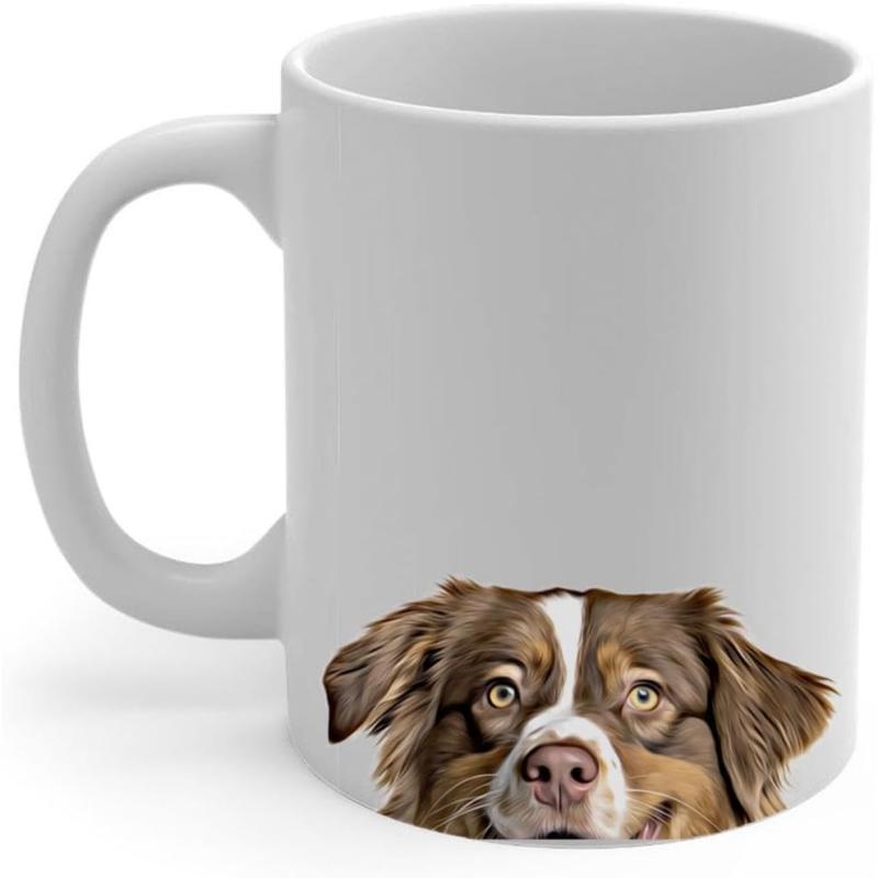 Tailorly White Ceramic 11 oz Mug - Charming Brown And White Australian Shepherd Peeking From Bottom Dog