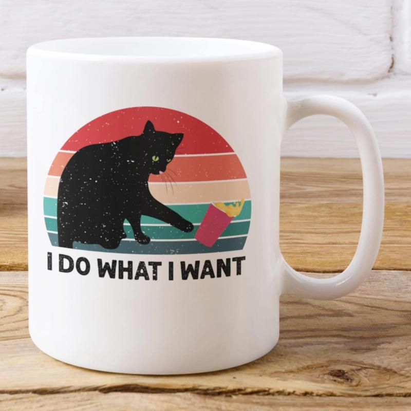 Tailorly White Ceramic 11 oz Mug - I Do What I Want Vintage Sunset Stripes Behind A Mischievous Black Cat Knocking Over Cup Cat